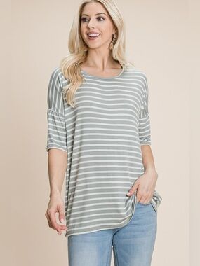 BOMBOM Striped Round Neck T-Shirt